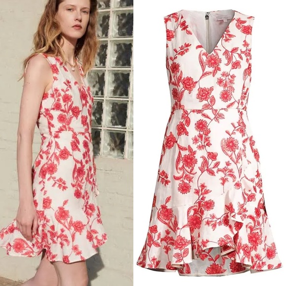 Rebecca Taylor Coral Embroidered Floral Print Linen Dress - Picture 3 of 14